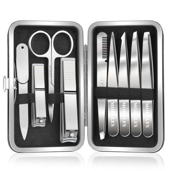 Tweezers and Nail Clipper Set with Case for Men Women, Morgles 9PCS Professional Stainless Steel Tweezers No Gaps