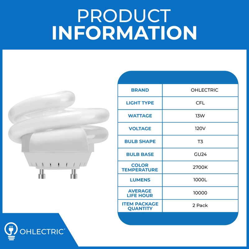 OHLECTRIC UL-Listed 13W Spiral T3 Compact Fluorescent Lamp Light Bulbs