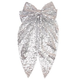 Long Sequin Bow Clips Women Girls Big Glitter Hair Clips Bowknot Scarf Sequins Hair Scarves Bow Clips BBW05 (A4-Silver)