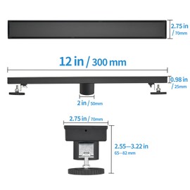Kuaisailsk Linear Shower Drain ，with Tile Insert Panels ，12 Inch Black 304 Stainless Steel Rectangle Shower Floor Drain，with Hair Catcher, Adjustable Feet，Fits Bathroom, Balcony