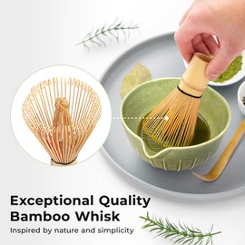 MYCHA TEA Premium 5pcs Japanese Matcha Whisk Set – Includes 500 ml Matcha Bowl with Spout, Bamboo Chasen Whisk, Whisk Holder, Sieve and Scoop – Elegant Mottled Green Glaze with Vertical Pattern