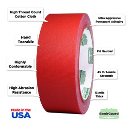 BookGuard 1-1/2 Inch Vinyl-Coated Cotton Cloth Bookbinding Repair Tape, 15 Yard Roll, Red
