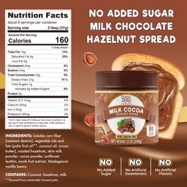 ChocZero Milk Chocolate Hazelnut Spread - No Added Sugar, Keto Friendly Low-Carb Chocolate Hazelnut Dessert & Bread Topping, Gluten Free, High Fiber, 12 oz Jar