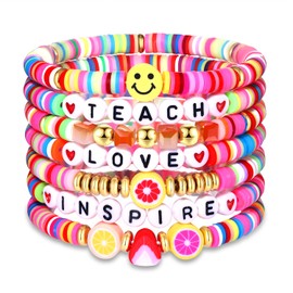 NVENF Teacher Bracelets Clay Heishi Beaded Bracelets for Women Stackable Teach Love Inspire Stretch Bracelets Colorful Bracelets Teacher Appreciation Gifts, 2.5 inches, Clay, no gemstone