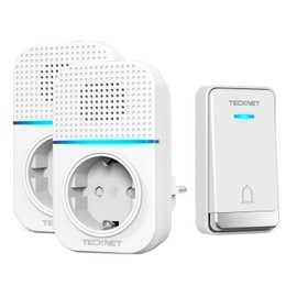 TECKNET TECKNET Trklingel Batterielose, IP65 Wasserdicht Steckdosen-Funkklingel 400m Funk Trklingel Drahtloses Trklingel mit 2 EU-Steckdose, 60 Laute Melodien, 5 Lautst?rke Stufen, LED-Blinken
