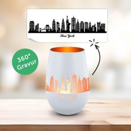 GRAVURZEILE Decorative Glass Lantern with Engraving – Skyline New York – High-Quality 360° Laser Engraving – Decorative Gift as a Keepsake, Souvenir or for Collectors Birthday – Colour: White/Bronze