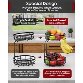 Sakugi Fruit Basket for Kitchen Counter - 2-Tier Large Capacity Fruit Bowl with Detachable Banana Hanger, Rust-Proof Metal Fruit Holder for Vegetables, Bread, Toiletry,10" D x 10" W x 14" H, Silver.