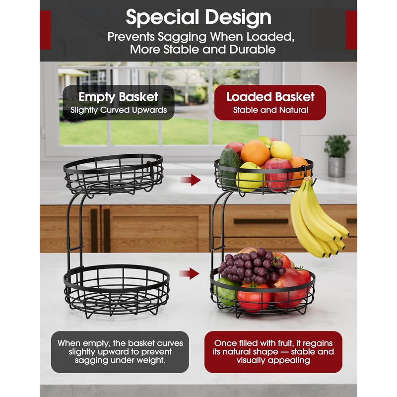 Sakugi Fruit Basket for Kitchen Counter - 2-Tier Large Capacity