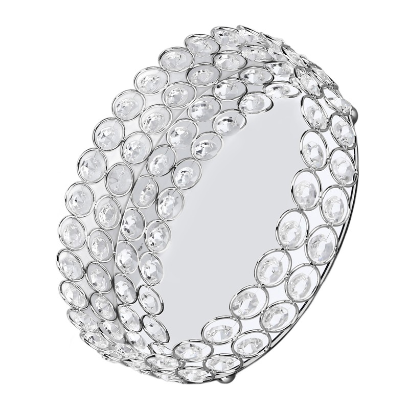 Crystal Cosmetic Makeup Tray 8in Round Display Tray Mirrored Metal