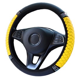 Universal Car Steering Wheel Cover, Non-Slip Rhombus PU Leather Crystal Glitter Bling Bling Car Steering Wheel Cover Diameter 37-38 cm, Elastic Steering Wheel Cover, Steering Wheel Protector, Car