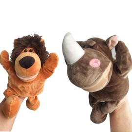 2PC Hand Puppet Realistic Plush Animal Hand Puppet Children's Animal Glove Toy Little Finger Mini puppetshark Toys (Rhino+Lion)