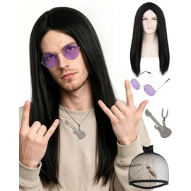 ESUNO Black Rocker Wig Long Black Wig Rock Star Costumes Men Punk Wigs Men