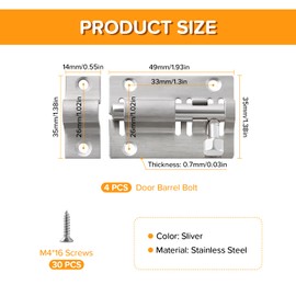 Lyeteung 4 PCS 49mm Door Barrel Bolt, Catch Latch Slide Bolt, Barrel Slide Latch Lock Stainless Steel, with Screws, for Bathroom Toilet Shed Door Furniture Pet Gate