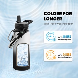 RAYMYLO Insulated Water Bottle 32 oz, Triple Wall Vacuum Stainless Steel (Cold for 48 Hrs), Leak Proof & Non-BPA, Modern Water Flask Jug with Paracord Handle & Straw Spout Lids, Ombre: White/Black