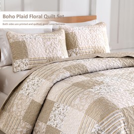 Mybedsoul Beige Boho Quilt Set King Size, 3 Pieces Plaid Floral Bedspread Set Patchwork Reversible Bedding Set Microfiber Bedding Bedspread Coverlet Set for All Season 90"x104"