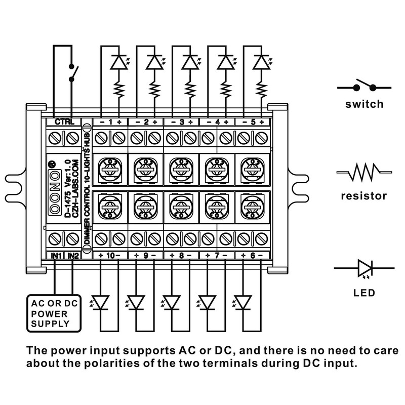 Dimmer Control 10-Lights LED Hub Distribution Module, AC/DC 5 to