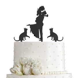 JIEEIN Decoración para tarta de boda, diseño de novia con flores, además de dos gatos, silueta para tartas