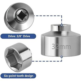 Zicojia 32mm Socket-Oil Filter Wrench Tool,Steel Quickly Oil Filter Removal Tool,3/8Inch Drive Oil Filter Socket Tool Easy Install Easy to Use