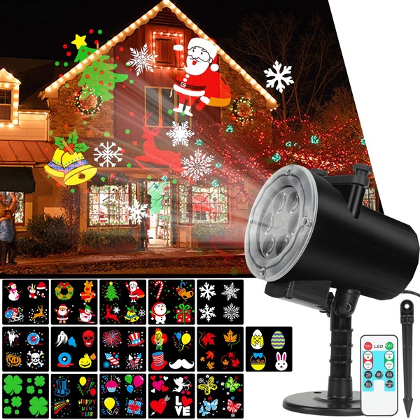 Christmas Holiday Lights Projector,Waterproof IP65 Indoor Outdoor Motion Remote Control 10W LED Projector, 16 Slides Holiday Light Party Outdoor Garden House Apartment Kids Room Night Light