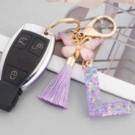 Suweibuke Cute Pink Key Chains for Women Girls, Initial Letter Keychains with Tassel, Charms for Key Purse Handbags Backpacks (Purple Butterfly Letter-L)