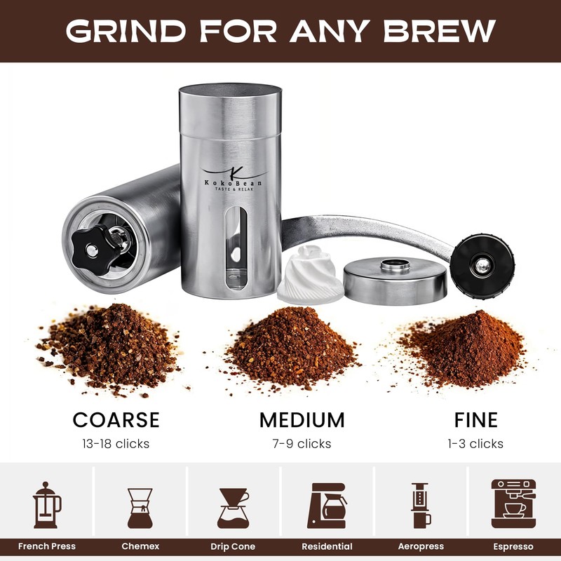 Manual Coffee Grinder - 18 Adjustable Settings, Stainless Steel Conical