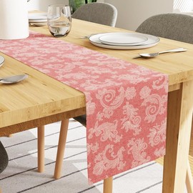 Encasa Dining Table Runner for 8 seater I Size 32x240 cm | - Floral Red Jacquard Style Print on Homespun Cotton | Fast Colours, Machine Washable
