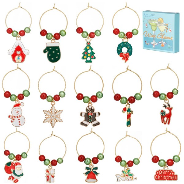 SUNNYCLUE 1 Box 14Sets Christmas Wine Glass Charms Red Green Beads Beading Hoops Xmas Enamel Charms Assorted Wine Glass Markers Charm Rings Identification for Wine Tasting Party Decoration Supplies