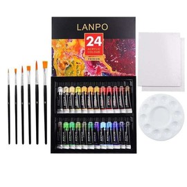 Lanpo 24 Color Acrylic Paint Set 6 Brushes 2 Canvas 1 Artist Pallet