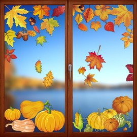 Fall Window Clings Double Sided Pumpkin Leaves Window Stickers Removable Autumn Thanksgiving Window Clings for Glass Window Decorations