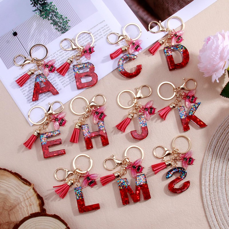 ORUZA Alphabet Initial Letter Keychain, Rose Sequin Initial Letter Keyring