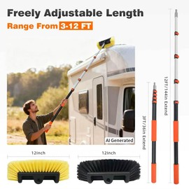 12FT Car Wash Brush with Long Handle, Car Cleaning Brush with 12" Soft Bristle and 12" Hard Bristle, 3-12Ft Telescopic Pole for Scratch-Free Cleaning Truck,RV, Boats,House Siding,Floors,Solar Panels