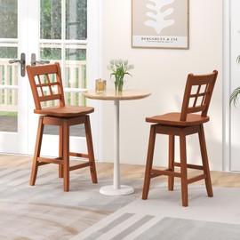 Giantex 24.5" Bar Stools Set of 2, Farmhouse Swivel Barstools with 6-Grid Hollow Back & Ergonomic Contoured Seat, Footrest, Wooden Counter Height Bar Stools for Kitchen Island, Bar, Cafe, Walnut