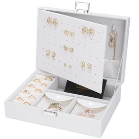 DesignSter Jewellery Box, Large PU Jewellery Box for Women and Girls, Jewellery Box with 8 Small Jewellery Pockets, Large Jewellery Box for Rings, Earrings, Necklace, White