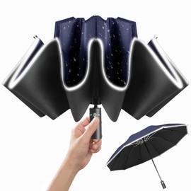 OXTXO Storm Proof Umbrella - Windproof and Strong Mini Umbrella with Automatic Folding and Inverted, Pocket Umbrella for Men and Women, Reflectors on the Edge - 10 Ribs Diameter 126 cm, blue