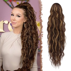 FESHFEN Lange Zopf Pferdeschwanz Haarextension mit kordelzug Lang Lockig Dunkelbraun und Blond Synthetik Haarverlängerung Natürliches Clip in Haarteil Ponytail Kunsthaar Haarzopf für Damen 65cm