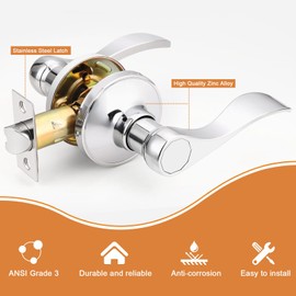 Probrico Interior Door Handle Lever Chrome Door Handles Passage Door Lever Handle, Closet Door Handle Polished Chrome Interior Keyless Door Handle for Hallway Closet Wave Style Reversible, 2 Pack