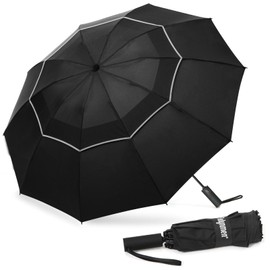 Fulynmen 54 Inch Large Travel Compact Umbrella Windproof Golf Umbrella Big Inverted Umbrellas for Rain with 10 Ribs Double Canopy Vented Automatic Open Close Reflective Stripe Black