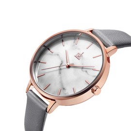 Alienwork SK Minimalist Women's Ultra Flat Elegant Watch, Rose gold/white rose gold/leather strap grey, Minimalist