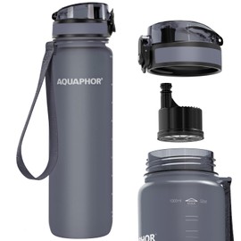 Nakii Filtered Water Bottle, Leakproof, BPA-Free, Motivational Markings, Travel, Everyday Use. 40-Gallon Filter, Replaces 300 Plastic Water Bottles. Includes 1 Filter, 34 FL Oz, Grey by Aquaphor
