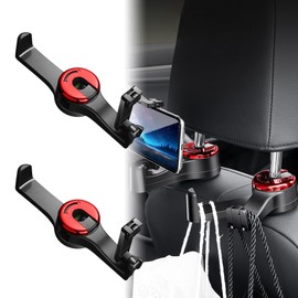 Businey 2 in 1 Car Hooks for Bags, Car Bag Hook with Headrest Phone Holder, 360°Rotation Headrest Hidden Hook, Heavy Duty Cars Accessories Couple, Storage Hooks for Hang Purse Shopping Bag Red