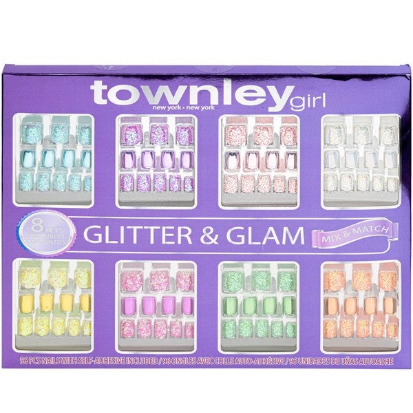 Townley Girl Juego de uñas a presión de 96 piezas, purpurina y glamour, 8 juegos diferentes para mezclar y combinar, uñas artificiales autoadhesivas para adultos