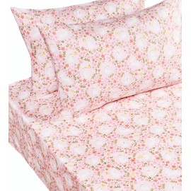 Scientific Sleep Pink Flower Floral Rabbit Bunny 100% Cotton 4 Pcs Twin Bed Sheet Set Kids Toddler Teen, Flat Sheet & Fitted Sheet & Pillowcase Kids Bedding Set (Rabbit Flower, Full)