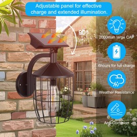 Solar Lights Outdoor Wall Lanterns, 11.4" Waterproof Metal Porch Lights Outdoor, Exterior Solar Wall Sconce for House, Garage, Front Door, Patio Decorations