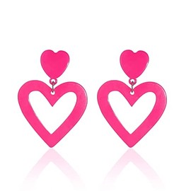 80's Neon Acrylic Double Heart Earrings Love Heart Dangle Earrings 80's 90's Costume Party Jewelry Valentine's Day Mother's Day Gift-Hot Pink
