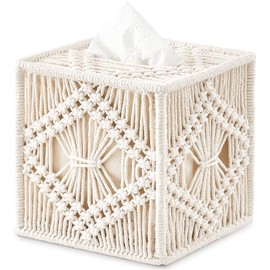 Mkono Tissue Box Cover Macrame Square Open-Bottom Tissue Box Holder Boho Decor Tissue Organizer Bohemian Handmade Woven Tissue Cube Box for Bathroom Bedroom Dresser Living Room Office Dorm, Ivory