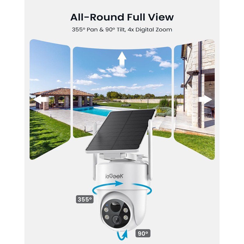 ieGeek Security Cameras Wireless Outdoor, with Adjustable&Removable Solar Panel, 360°PTZ,