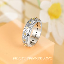 LYTTMAB Daisy Flower Spinner Ring for Women, Sterling S925 Silver Anxiety Ring For Daughter, I Think Of You Every Daisy, Fidget Ring Size 6
