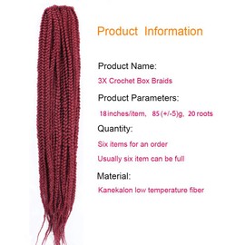 6 Packs/Lot (14/18/24/30) inch 1cm 20 Strands/Pack Thin 3X Box Braid Crochet Hair Extensionin Diameter 3X Synthetic Braid Hair Extensions Crochet Braids Hair Color (18inchs, BUG)