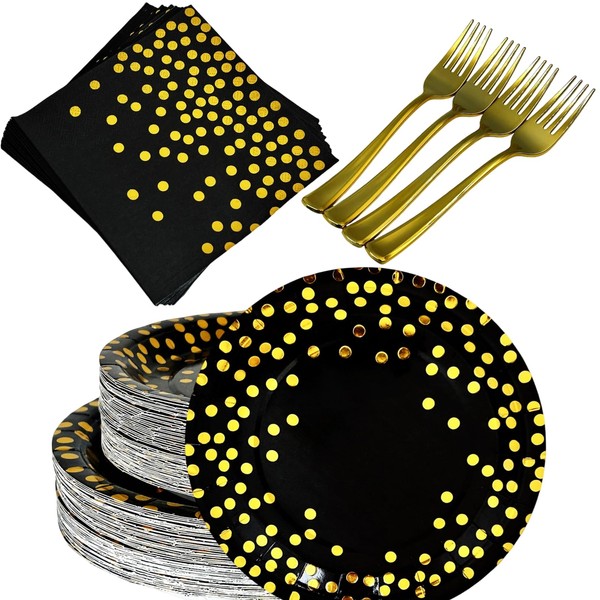hodooly Gold Dot Disposable Paper Plates and Napkins with Forks