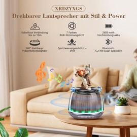 XRDZYXGS Bluetooth Lautsprecher, 360° drehbarer Plattenteller und RGB-Beleuchtung, 6-8 Stunden Spielzeit, Zwei Lautsprecher für Musik, Bluetooth 5.2, kristallklarer Klang, Tragbar für zu Hause/Partys